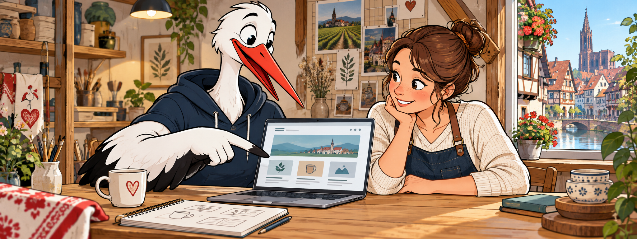 Illustration Cigogne Connect : la cigogne accompagne une artisane autour d'un projet de site web.