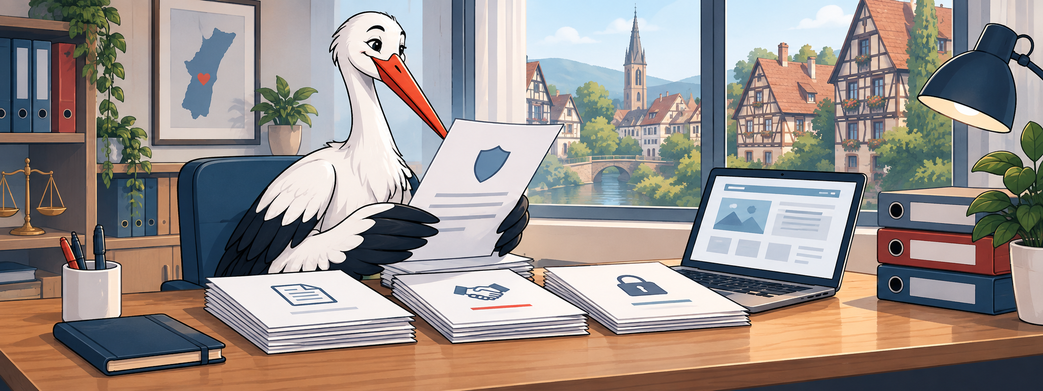 Illustration Cigogne Connect : la cigogne présente un cadre clair pour les documents et données du site.