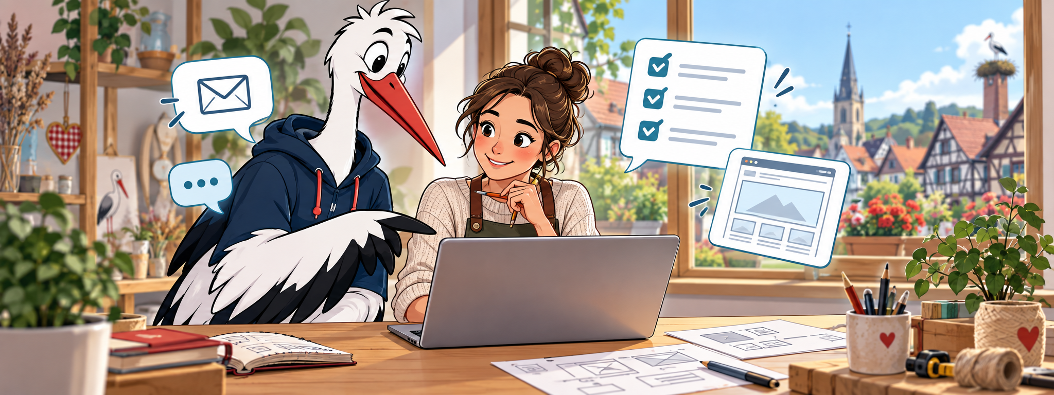 Illustration Cigogne Connect : préparer une demande de projet avec la cigogne et une artisane.