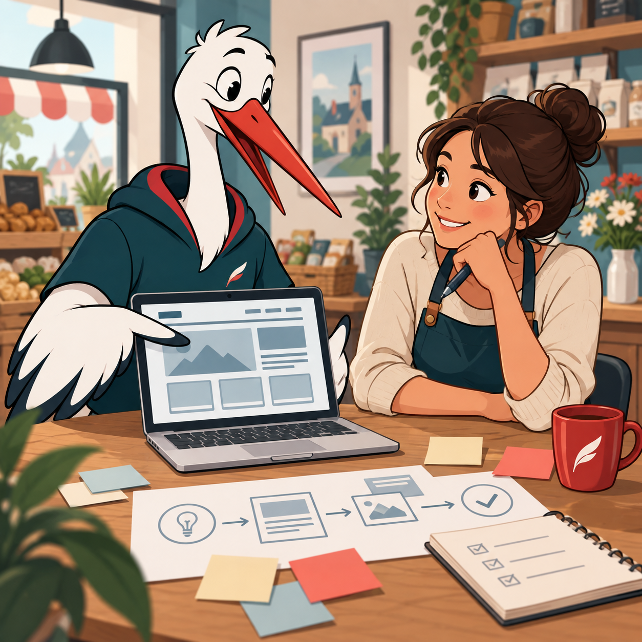 Illustration de la méthode Cigogne Connect : clarifier un projet de site avec la cigogne et une commerçante.