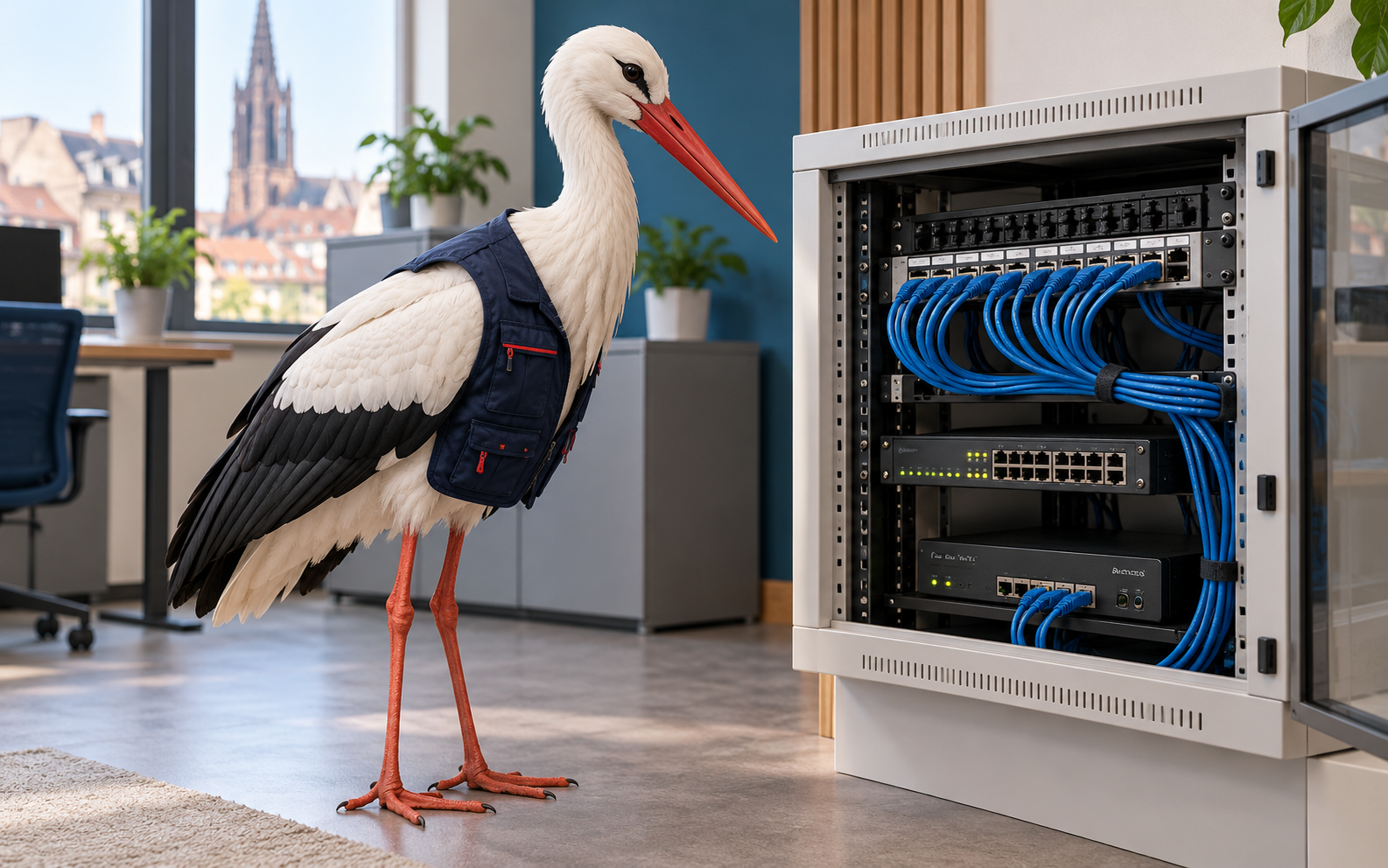 La cigogne technicienne organise un câblage réseau propre et un brassage RJ45