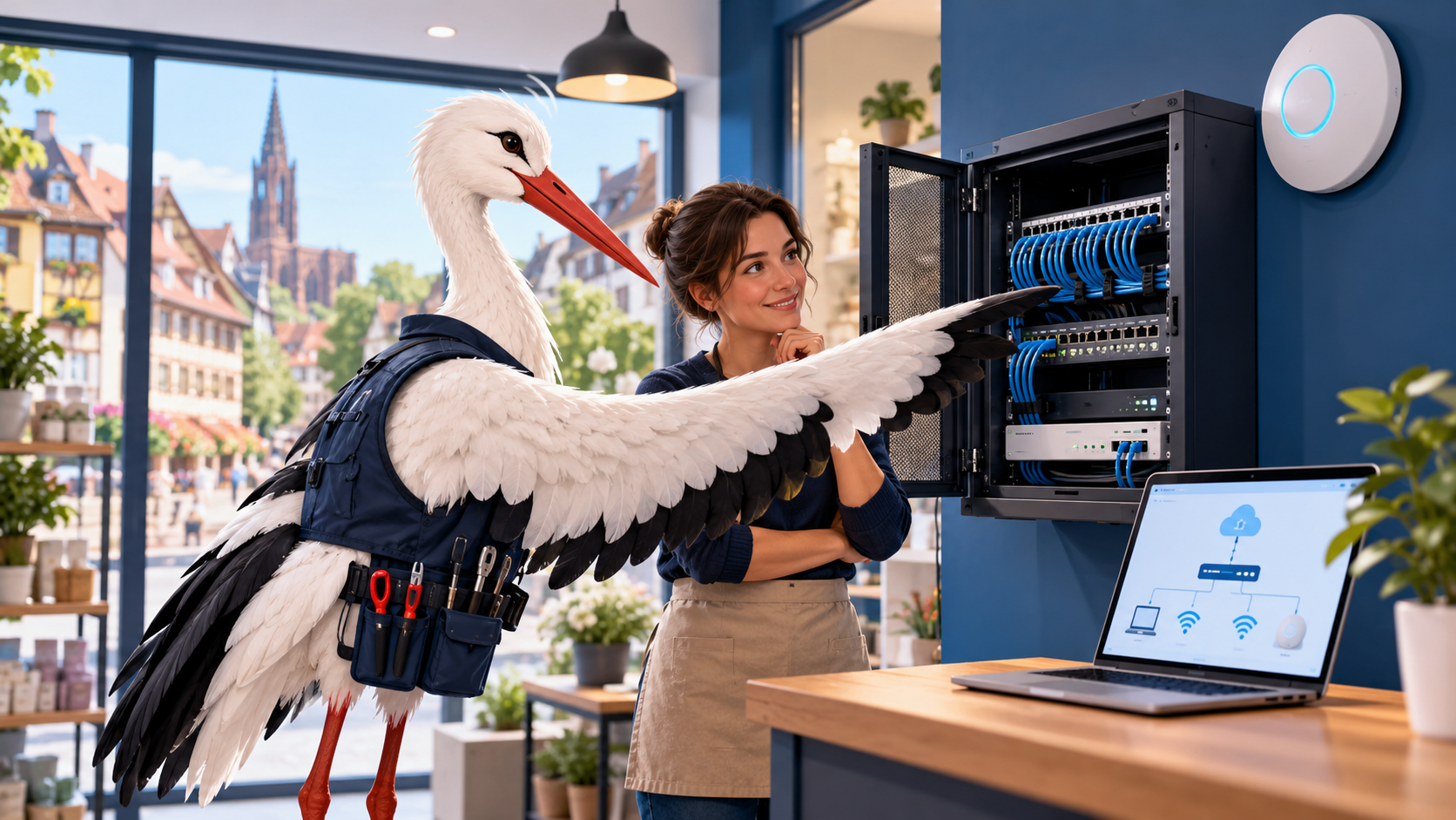 La cigogne technicienne Cigogne Connect accompagne une cliente autour d'une baie réseau et d'un point d'accès Wi‑Fi
